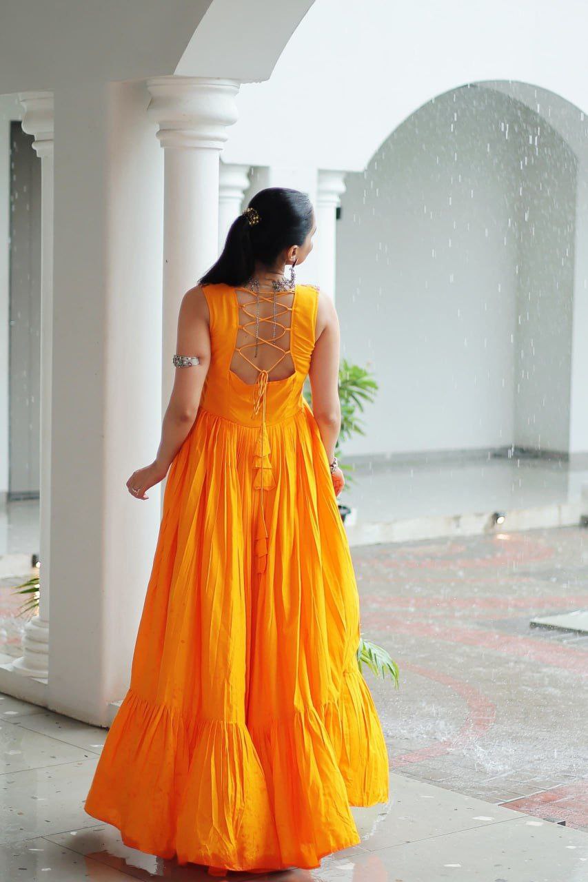 Maroon Rayon Kutchi Gamthi Mirror Work Embroidered Sleeveless Gown