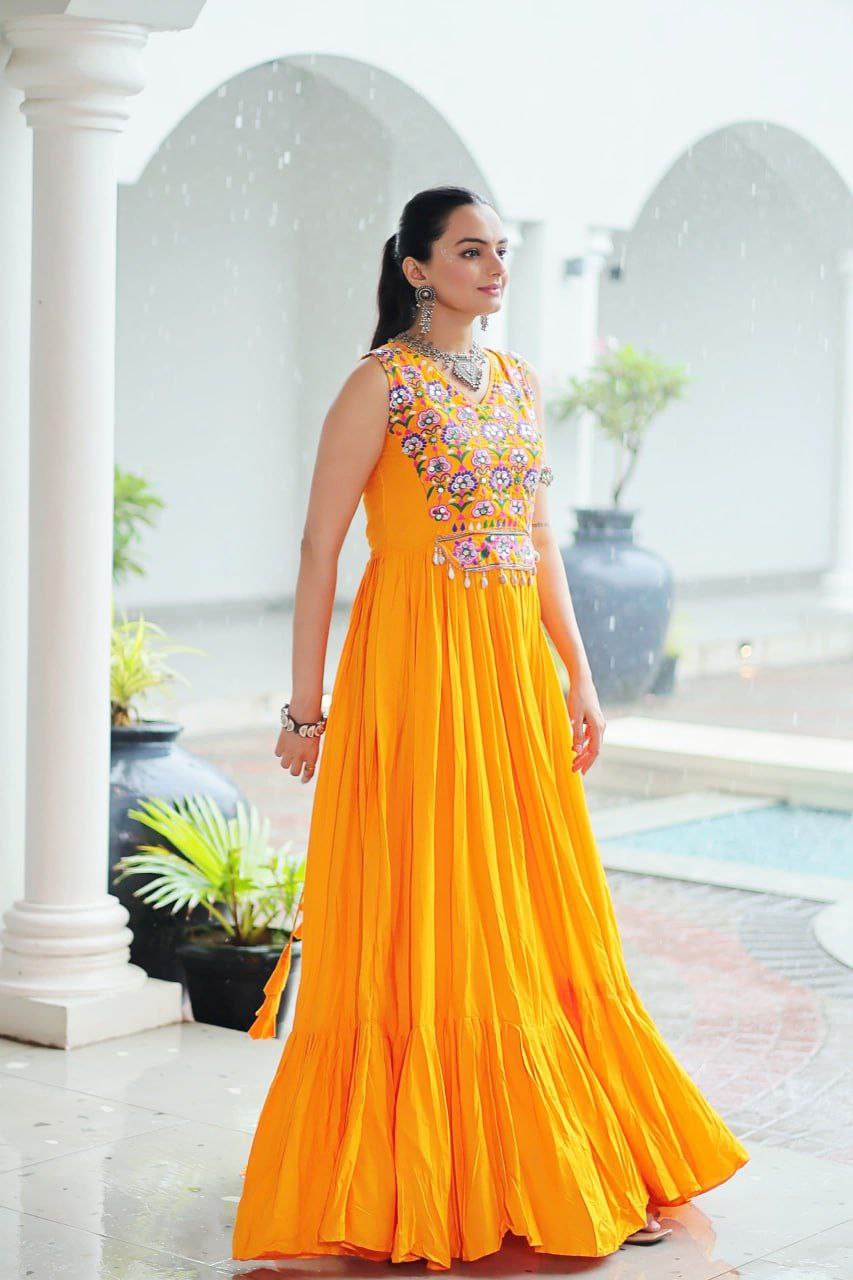 Maroon Rayon Kutchi Gamthi Mirror Work Embroidered Sleeveless Gown