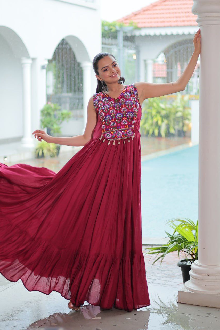 Maroon Rayon Kutchi Gamthi Mirror Work Embroidered Sleeveless Gown