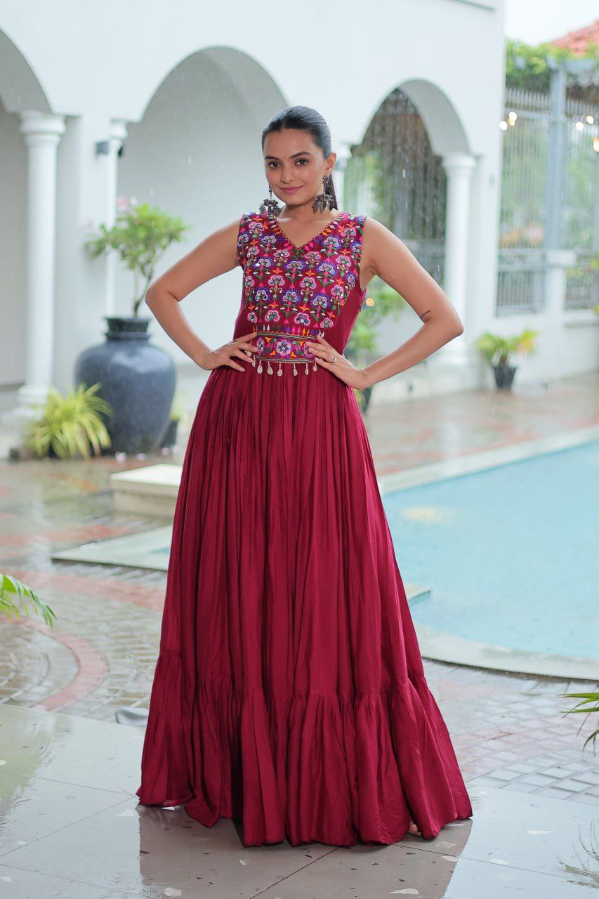 Maroon Rayon Kutchi Gamthi Mirror Work Embroidered Sleeveless Gown