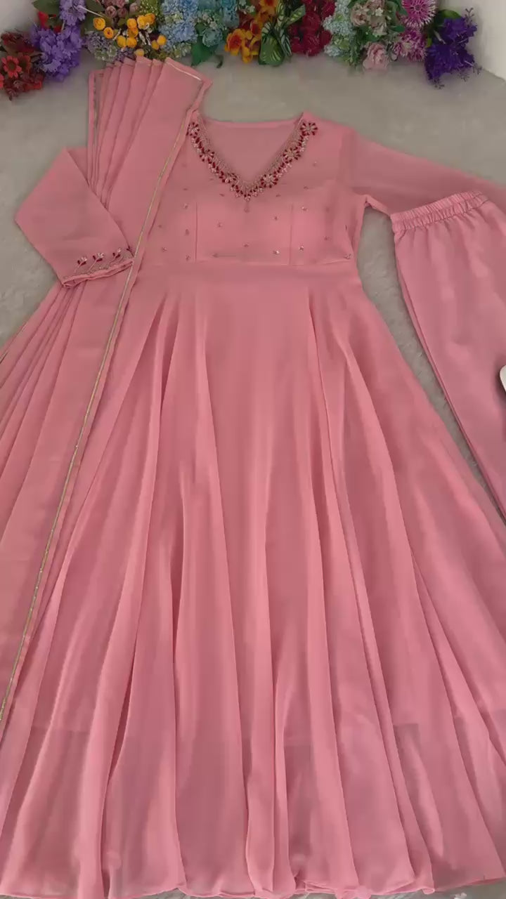 Load video: Elegant Handwork Fox Georgette Party Gown Set with Dupatta