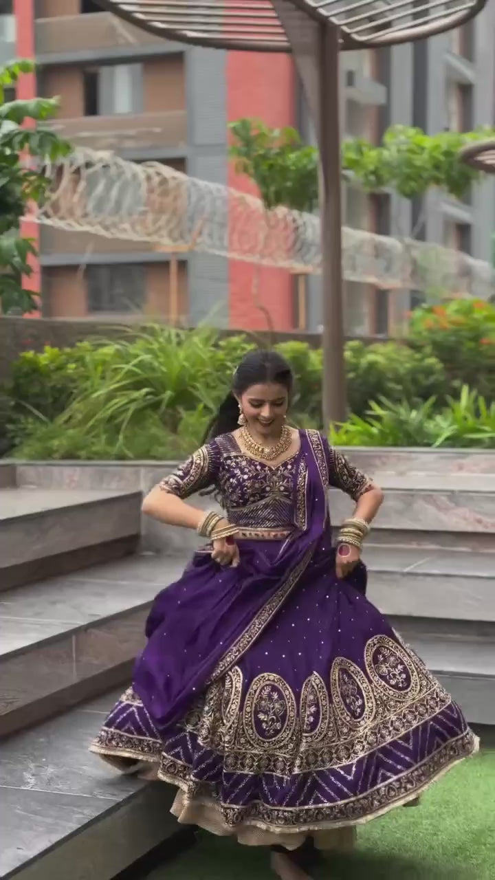 Load video: Vichitra Silk Lehenga Choli with Embroidery Thread &amp; Sequence Work and Matching Dupatta