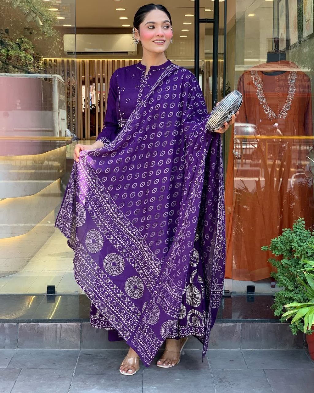 Royal Muslin Silk Suit Set with Dupatta & Pearl Mala – 4 Piece Festive Wear