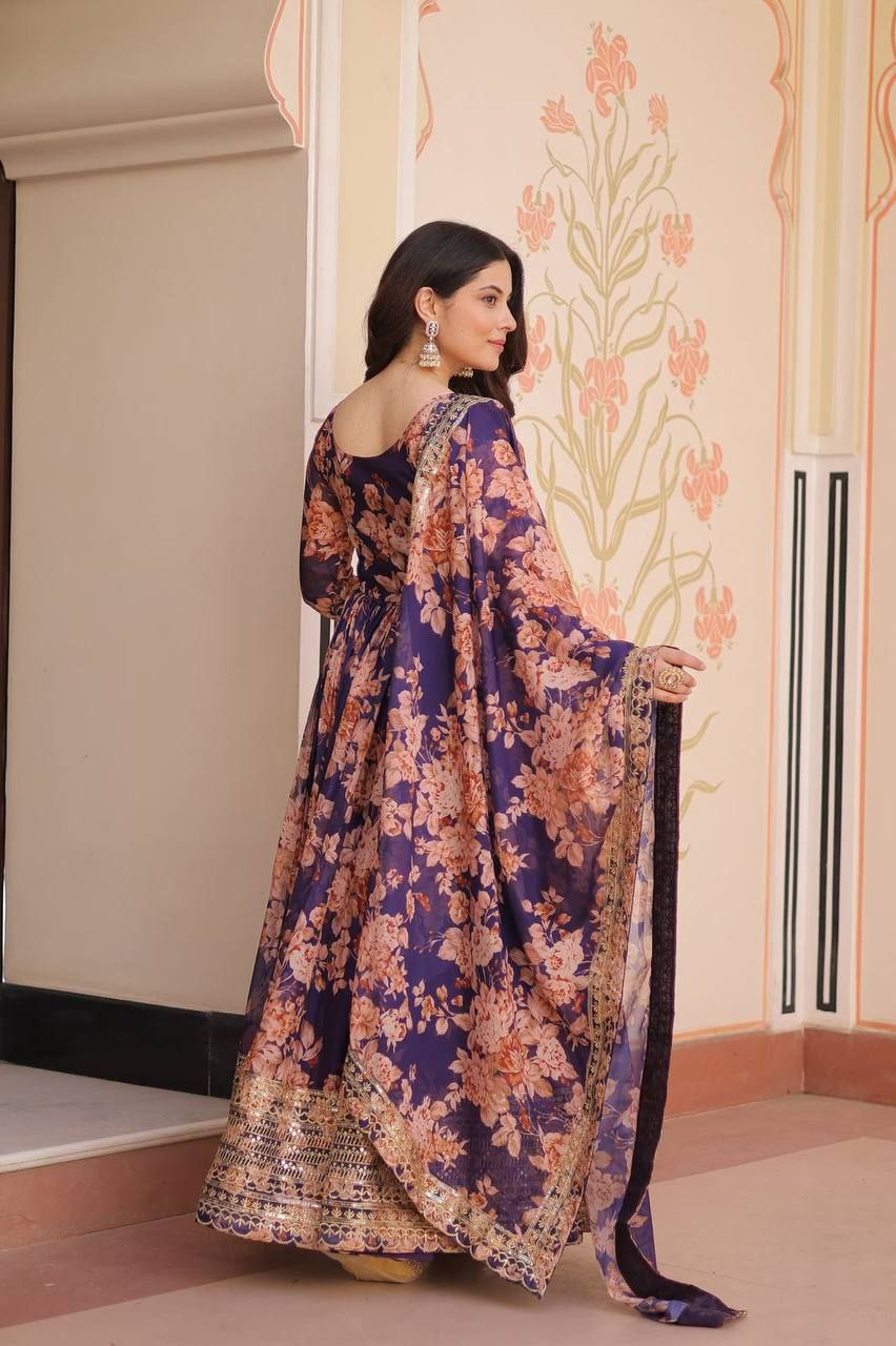 Premium Russian Silk Gown with Dupatta | Digital Print & Sequins