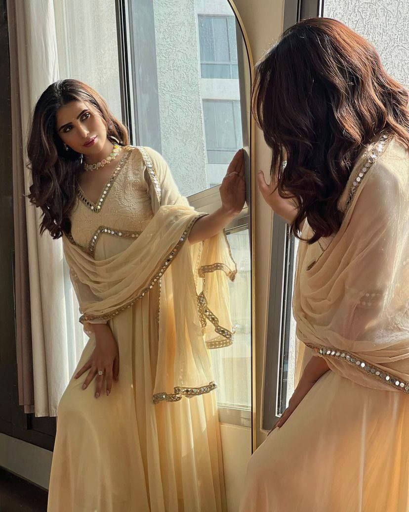 Premium Mirror Embroidered Anarkali Gown with Dupatta | Faux Georgette | 8 Meter Flair