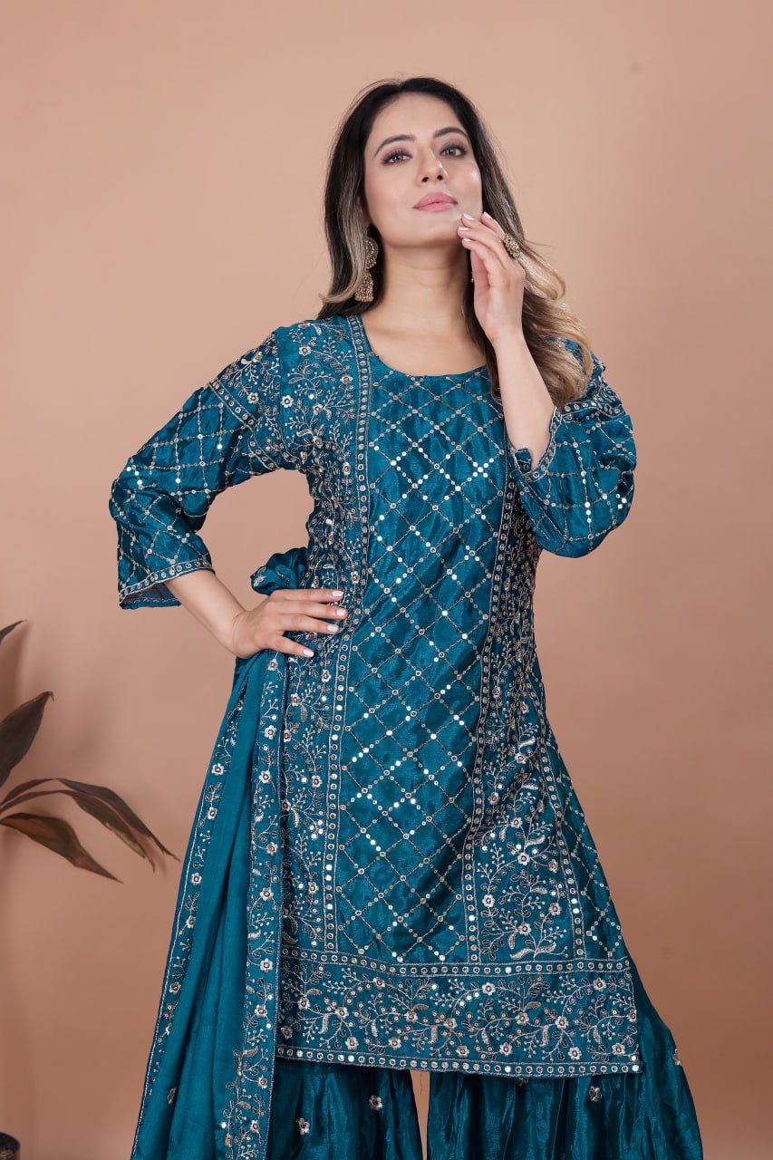 Chinon Embroidered Sharara Suit Set with Heavy Dupatta