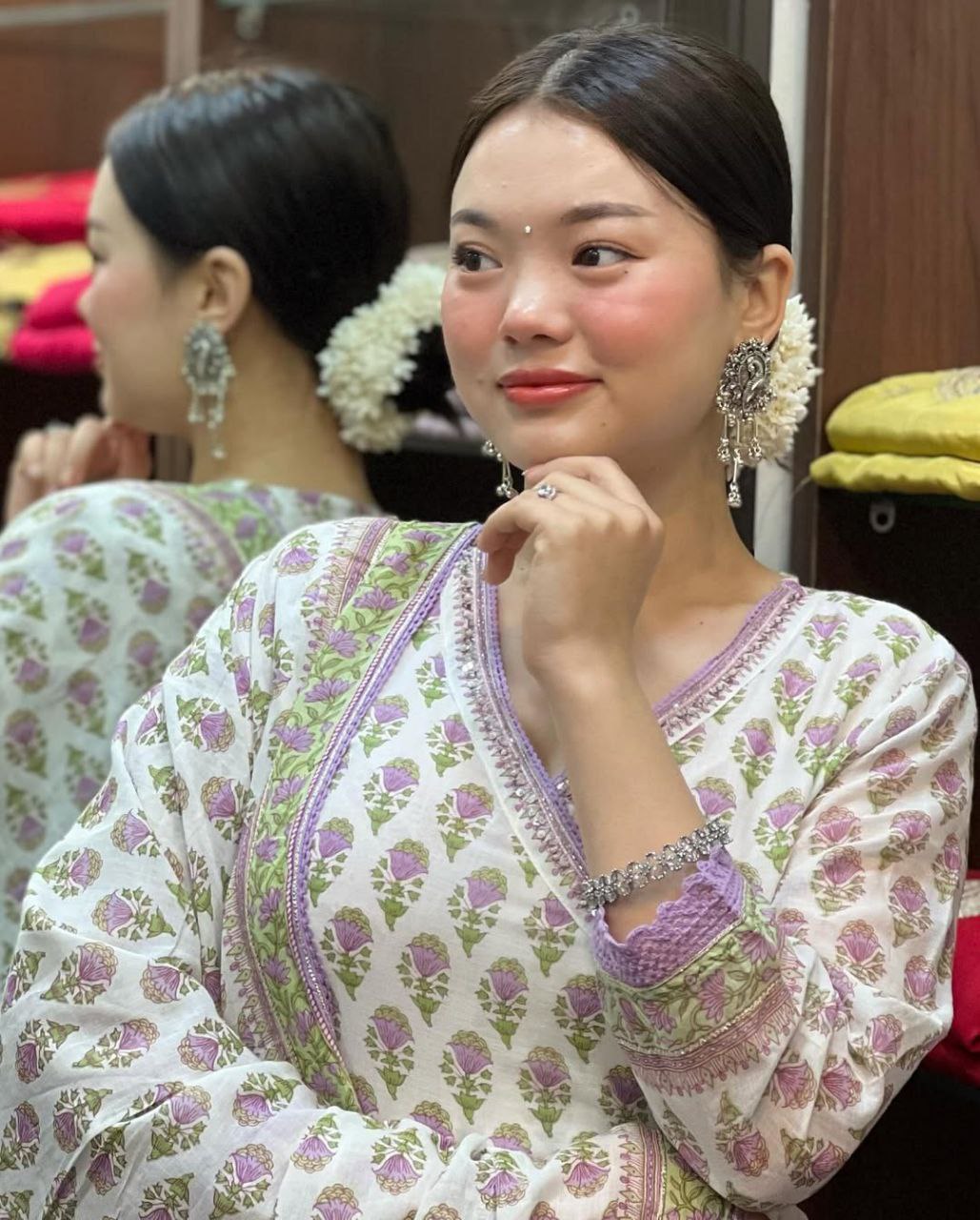 Elegant Pink Mal Cotton Anarkali Kurti Set with Handwork Neck