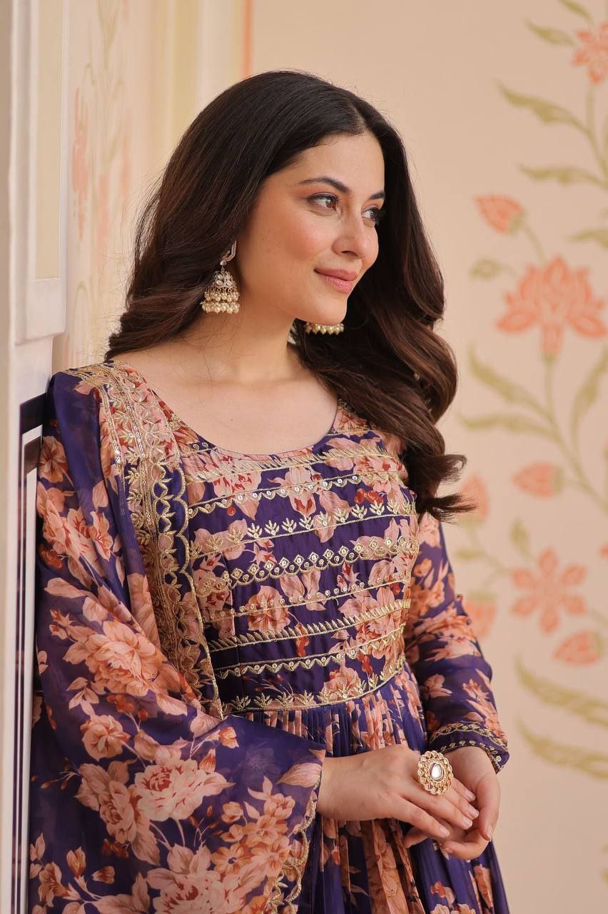 Premium Russian Silk Gown with Dupatta | Digital Print & Sequins