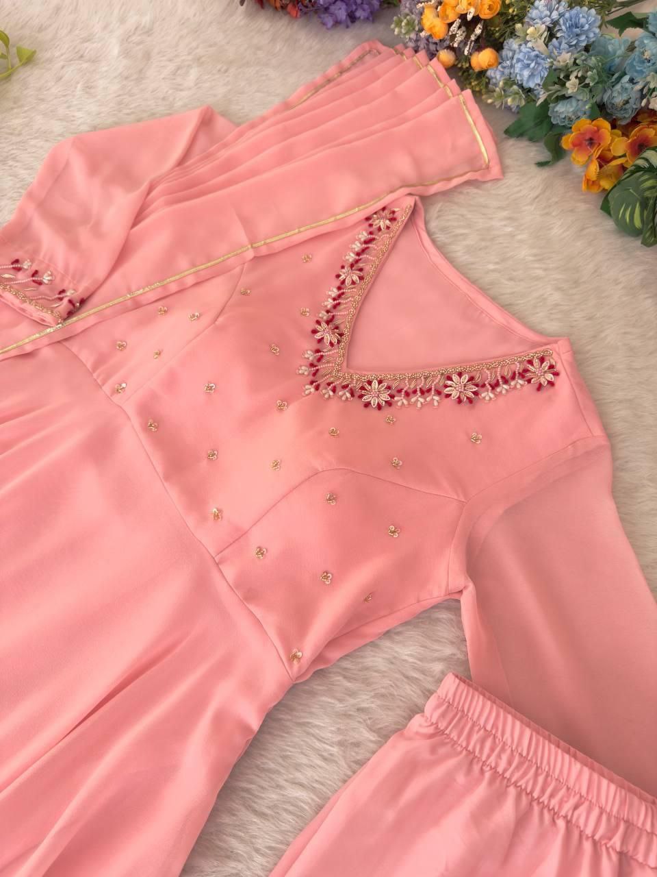 Elegant Handwork Fox Georgette Party Gown Set with Dupatta