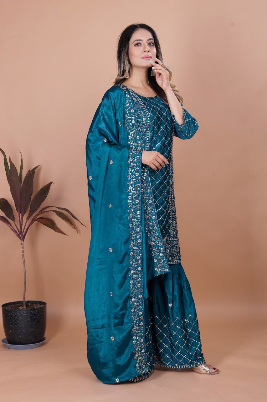 Chinon Embroidered Sharara Suit Set with Heavy Dupatta