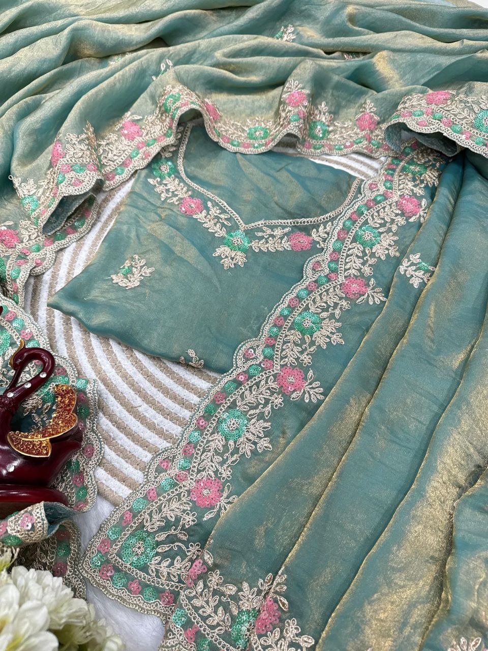 Exclusive Multicolour Sequin Embroidered Space Silk Saree Set