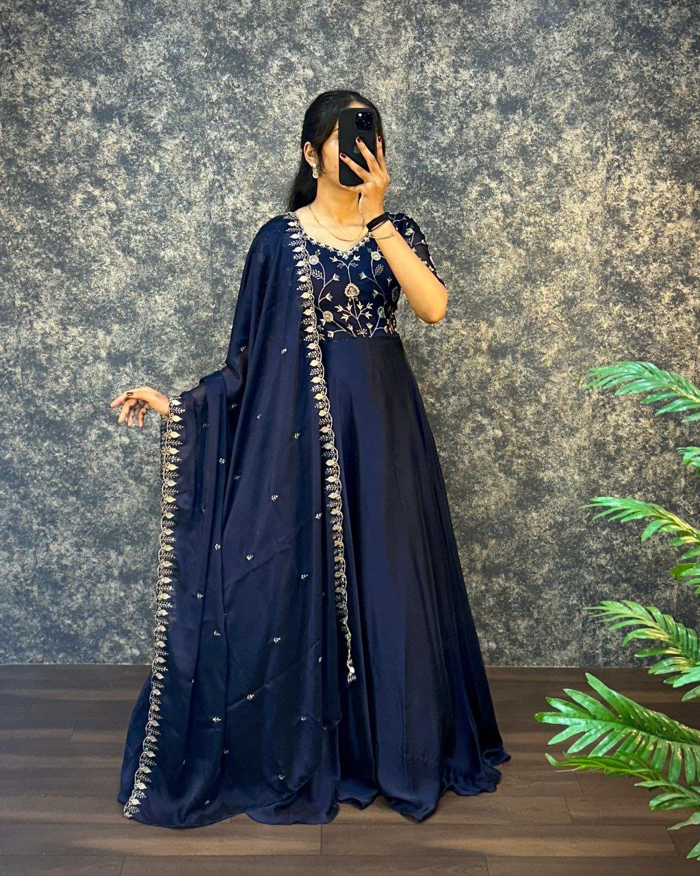 Elegant Silk Embroidered Gown with Cutwork Dupatta | Sizes S–3XL | Premium Quality
