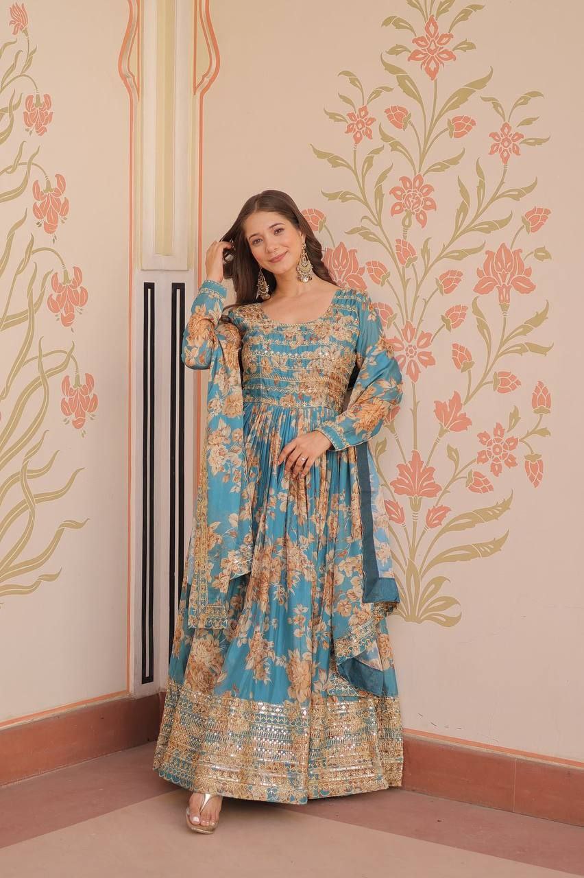 Premium Russian Silk Gown with Dupatta | Digital Print & Sequins