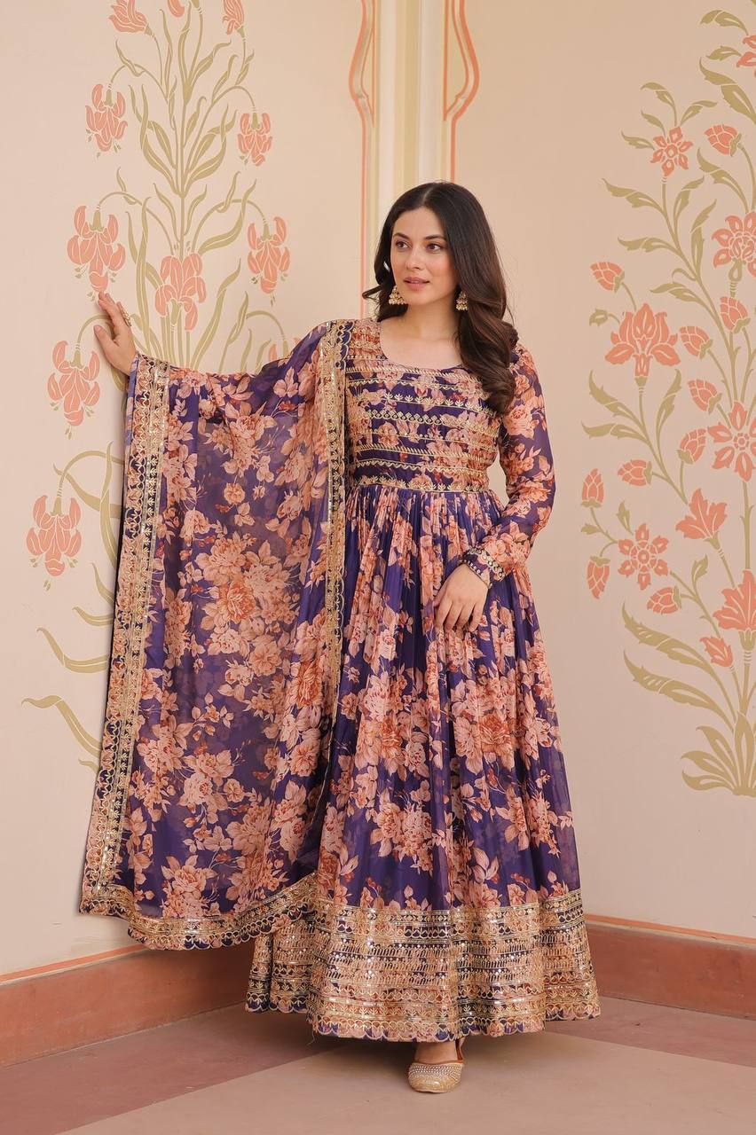 Premium Russian Silk Gown with Dupatta | Digital Print & Sequins