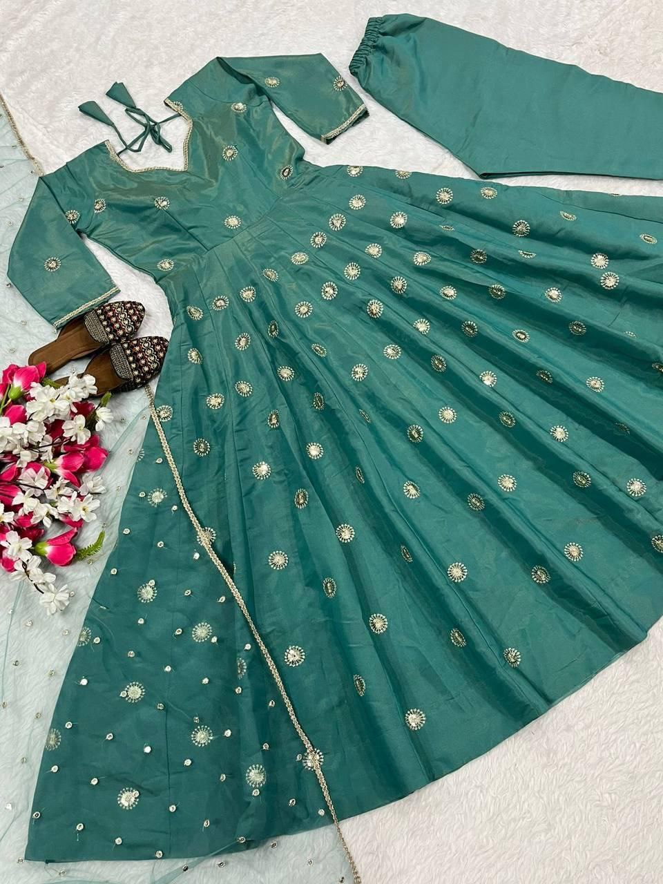 Designer Embroidered Simmar Silk Anarkali Set With Sequins