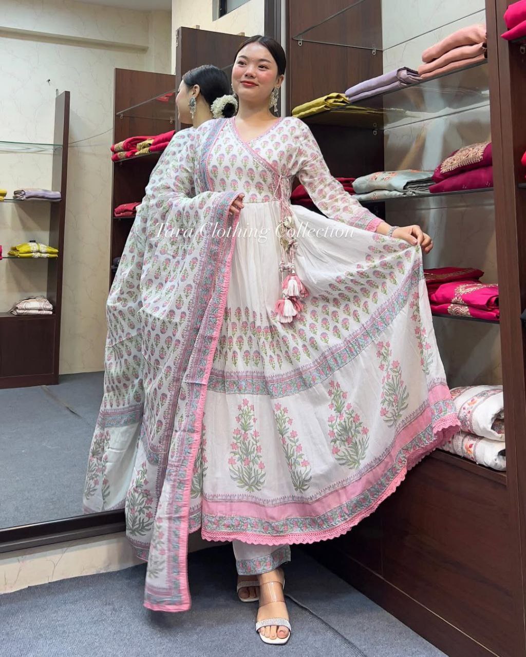 Elegant Pink Mal Cotton Anarkali Kurti Set with Handwork Neck