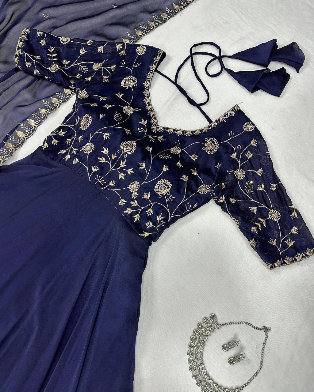 Elegant Silk Embroidered Gown with Cutwork Dupatta | Sizes S–3XL | Premium Quality