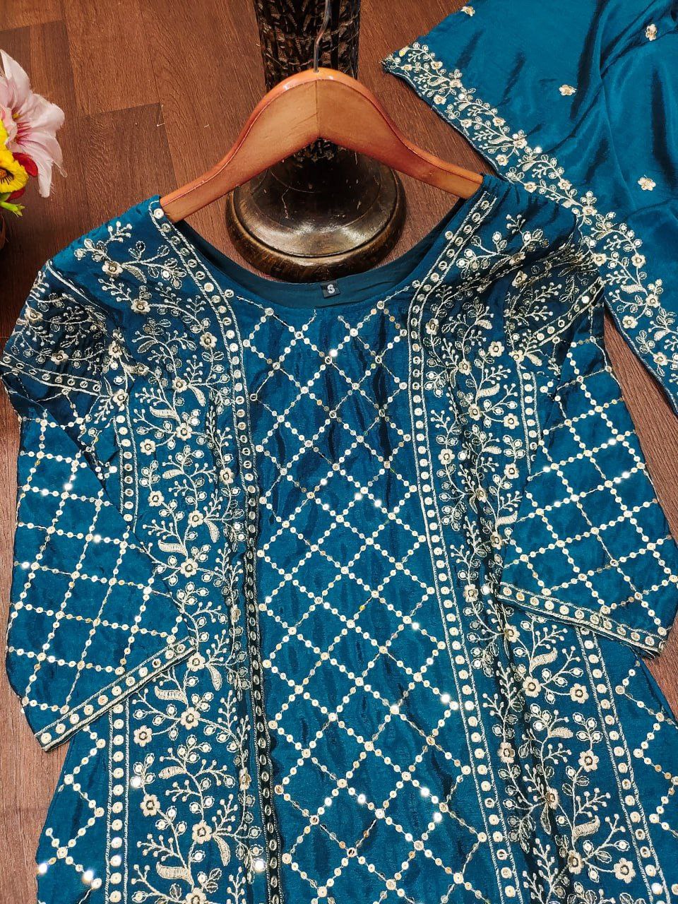 Chinon Embroidered Sharara Suit Set with Heavy Dupatta