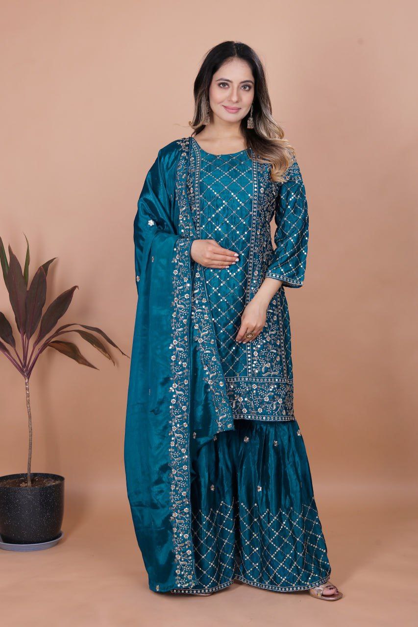Chinon Embroidered Sharara Suit Set with Heavy Dupatta