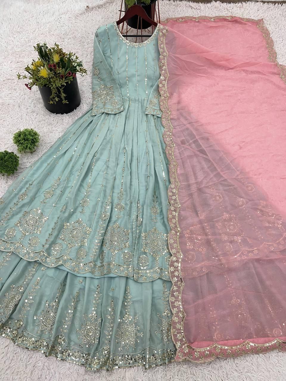 Designer Star Georgette Lehenga Set with Heavy Embroidery & Sequins