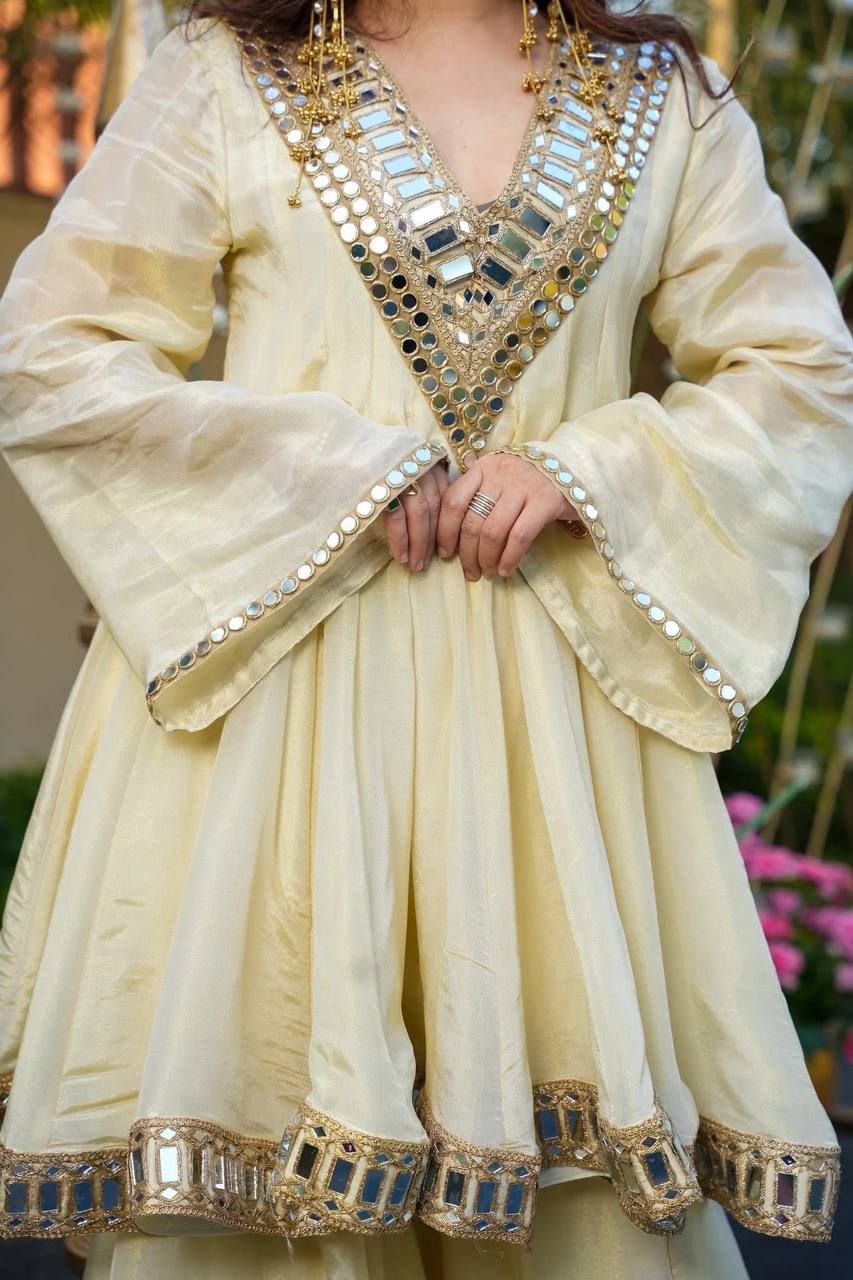 Cosmos Jari Silk Sharara Suit With Mirror Work Partywear Set