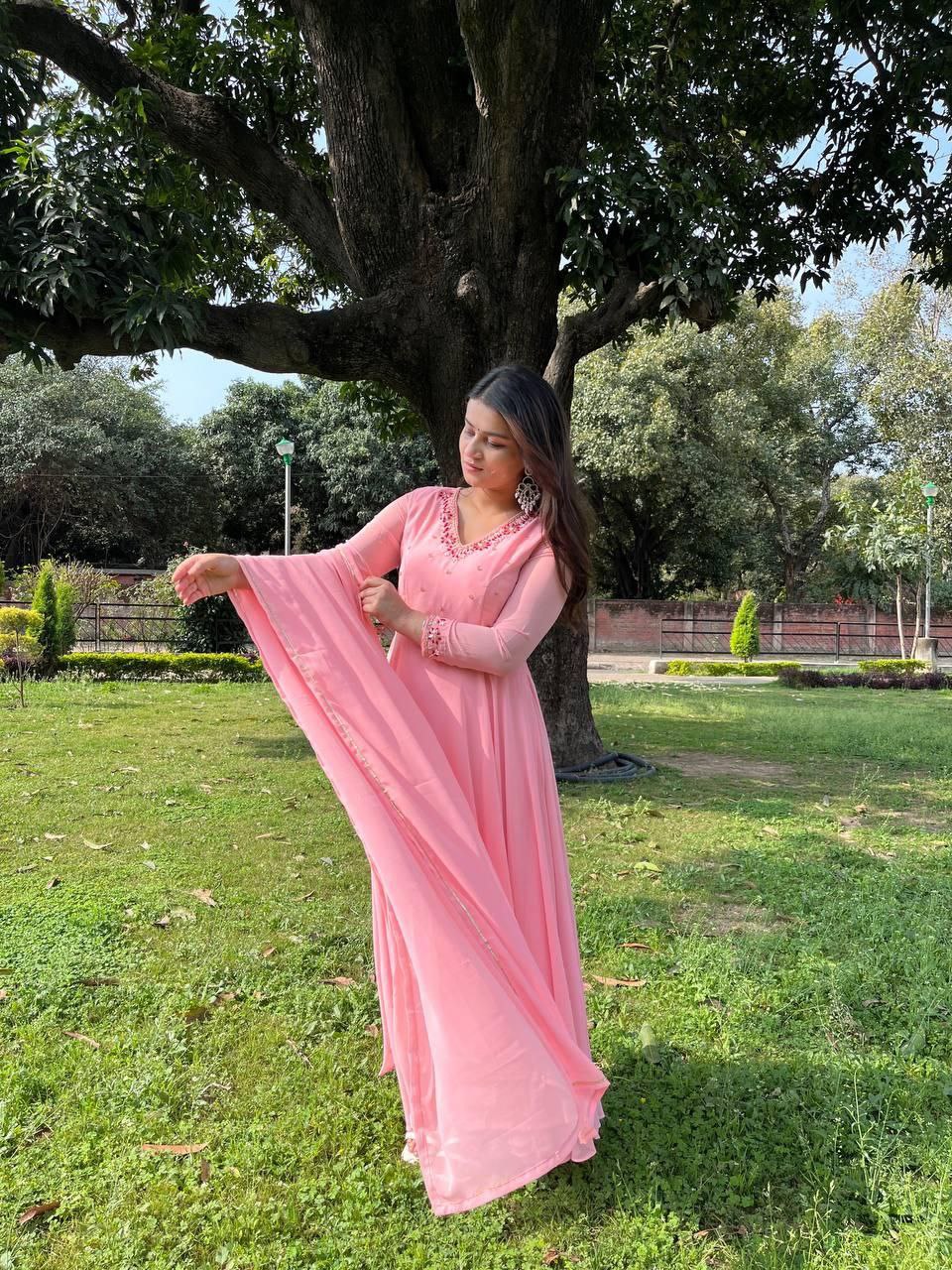 Elegant Handwork Fox Georgette Party Gown Set with Dupatta