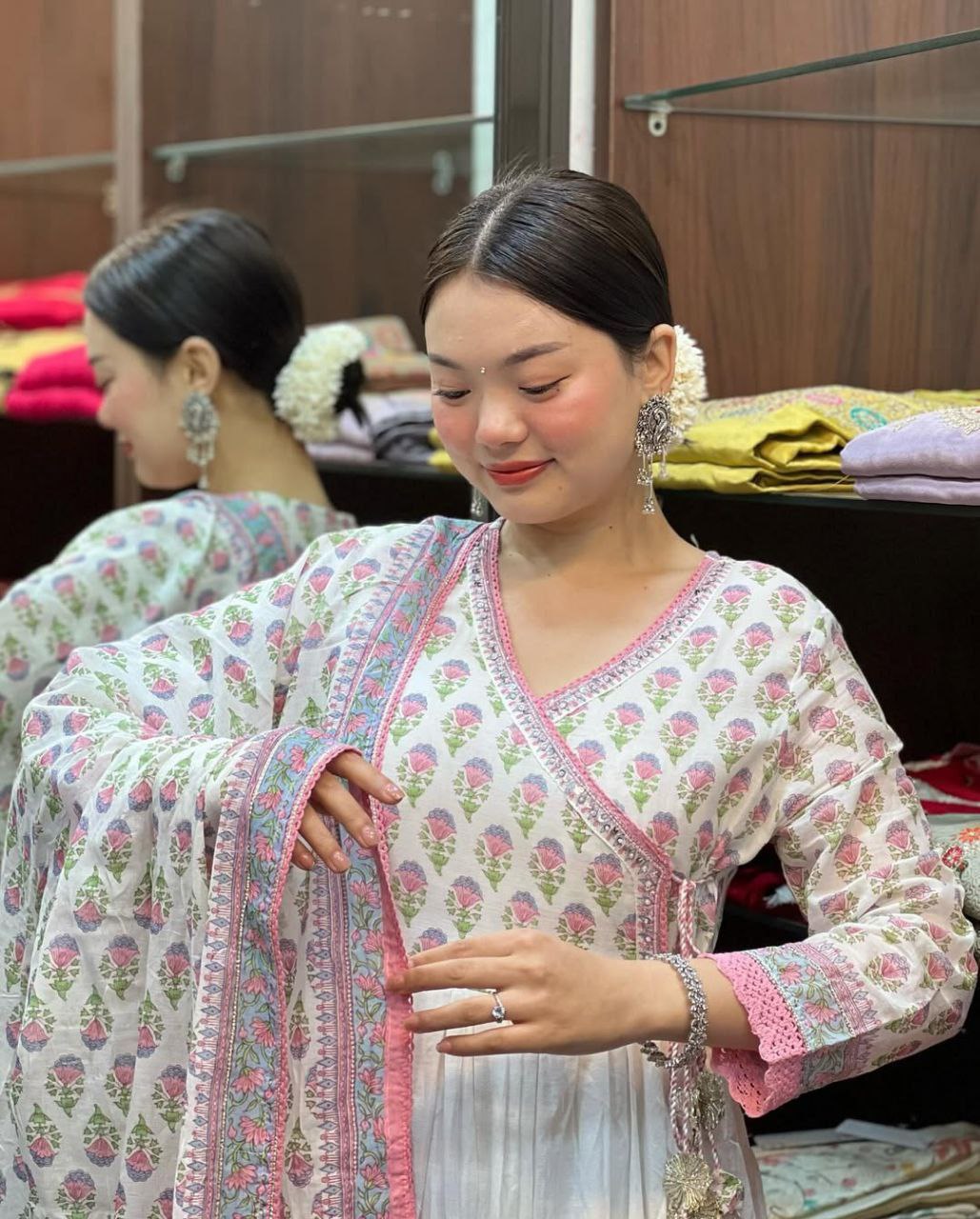 Elegant Pink Mal Cotton Anarkali Kurti Set with Handwork Neck