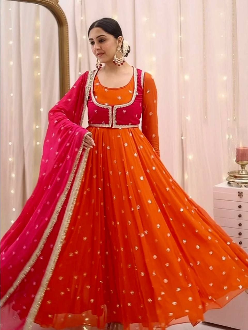 Anarkali Gown Set with Embroidered Koti, Dupatta & Pant – 7 Mtr Flair