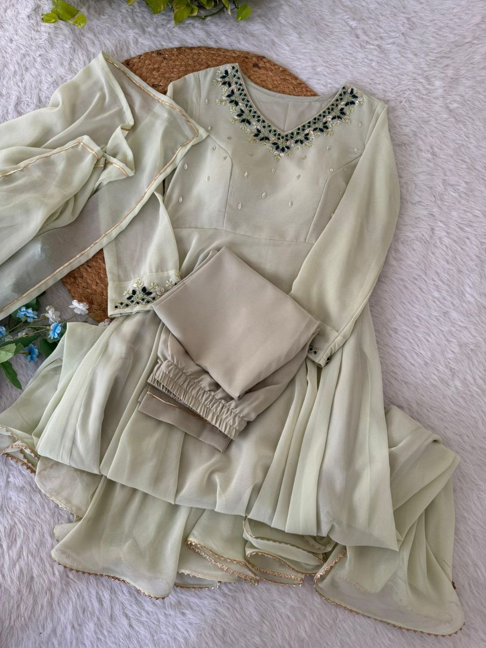 Elegant Hand Khatli Embroidered Georgette Gown Set with Dupatta