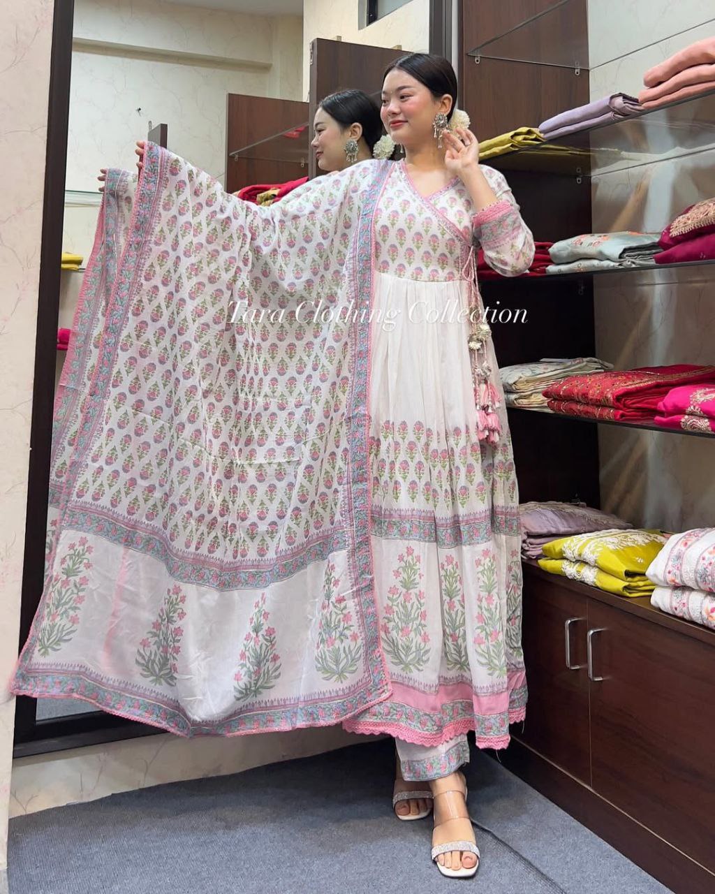 Elegant Pink Mal Cotton Anarkali Kurti Set with Handwork Neck