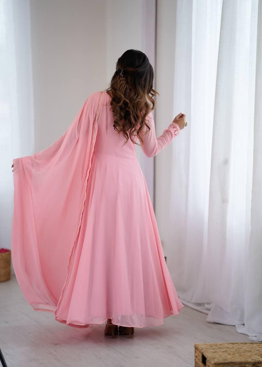 Elegant Handwork Fox Georgette Party Gown Set with Dupatta