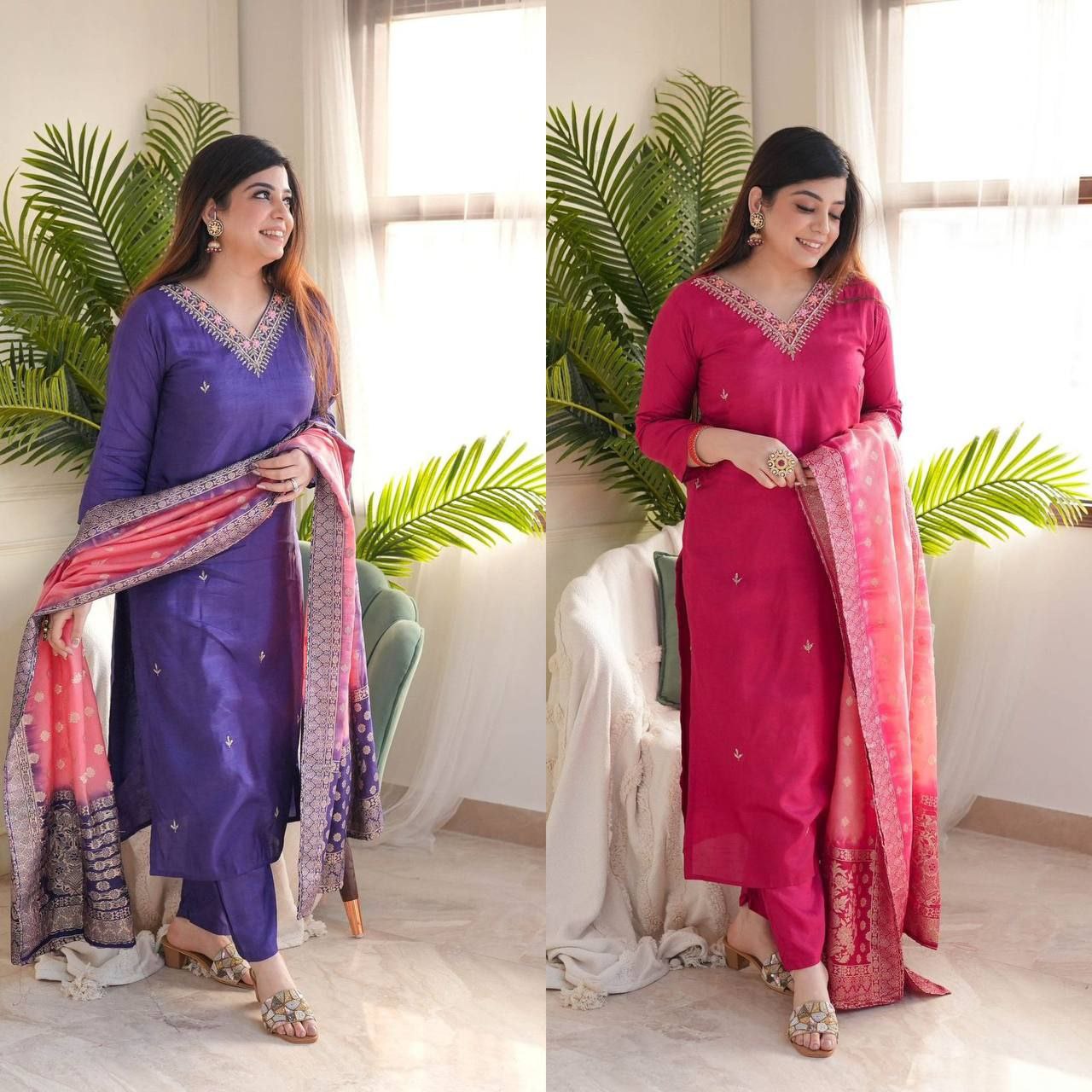 Elegant Viscose Reyon Embroidered Kurti Set with Printed Dupatta