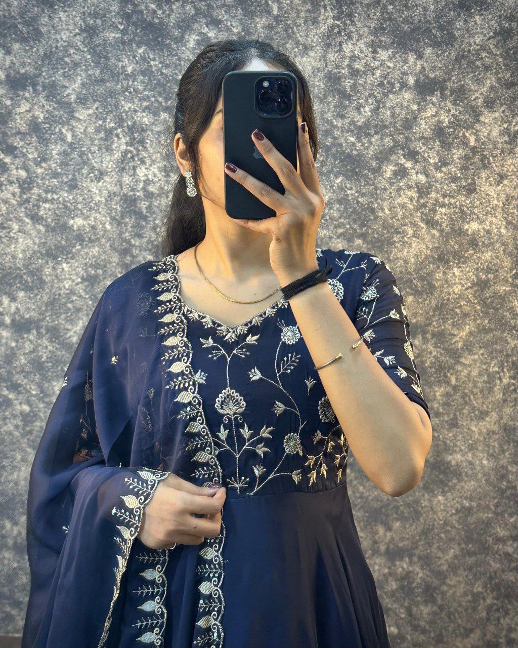 Elegant Silk Embroidered Gown with Cutwork Dupatta | Sizes S–3XL | Premium Quality