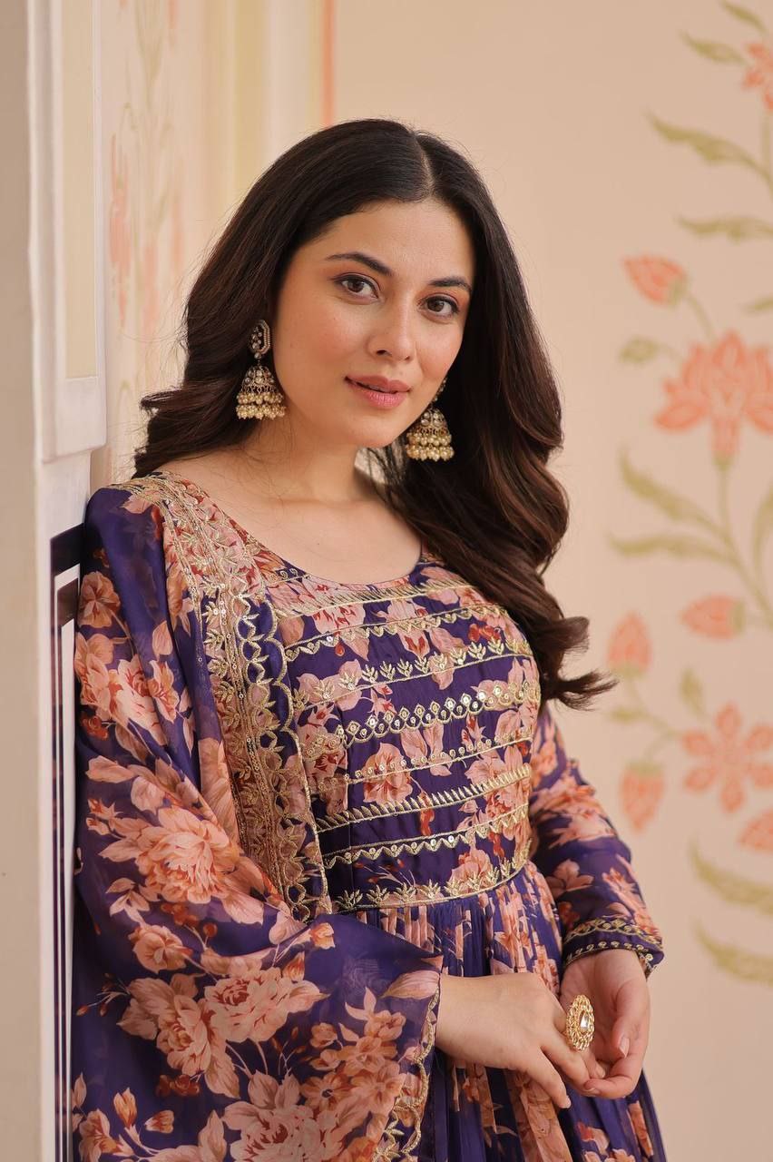 Premium Russian Silk Gown with Dupatta | Digital Print & Sequins