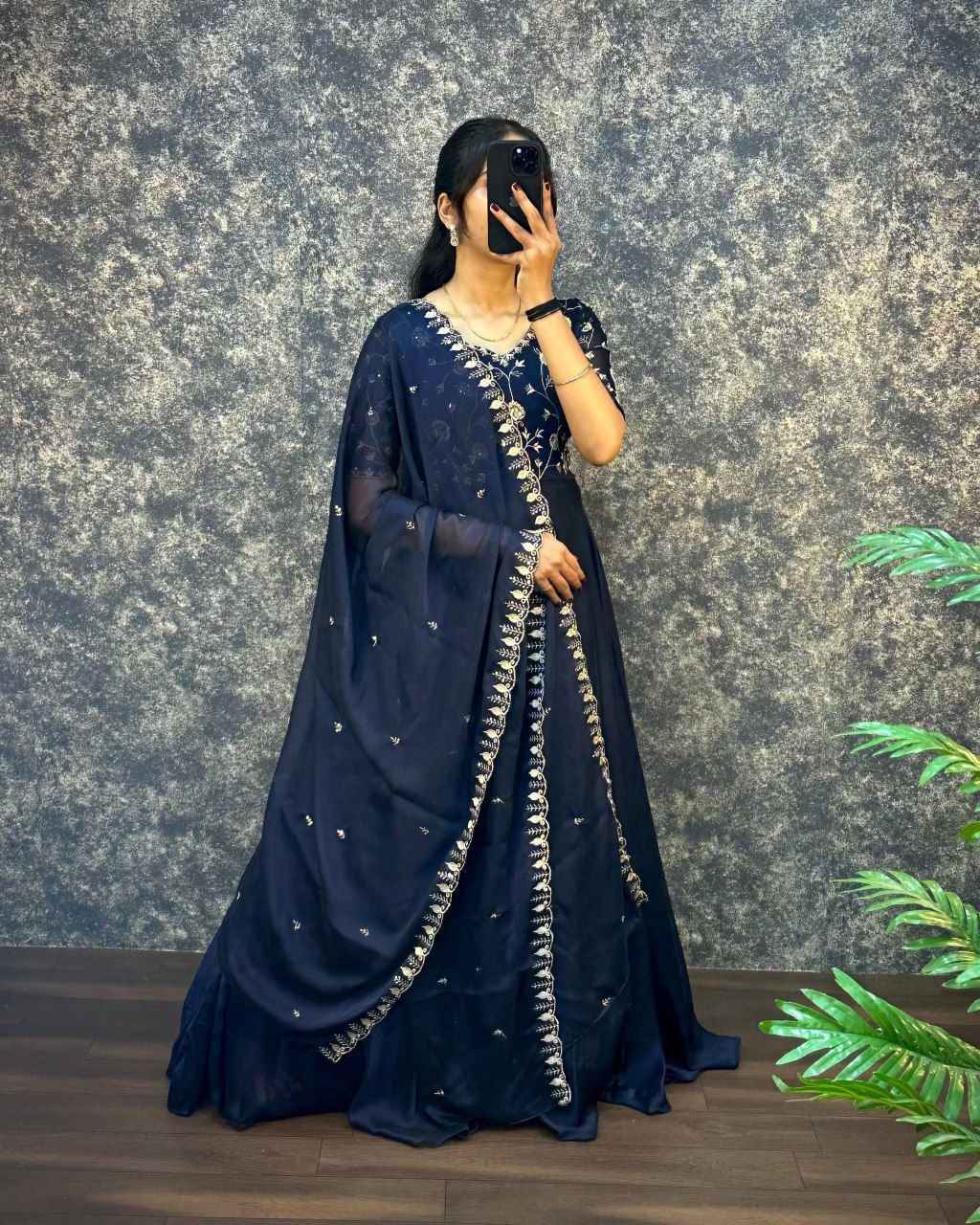 Elegant Silk Embroidered Gown with Cutwork Dupatta | Sizes S–3XL | Premium Quality