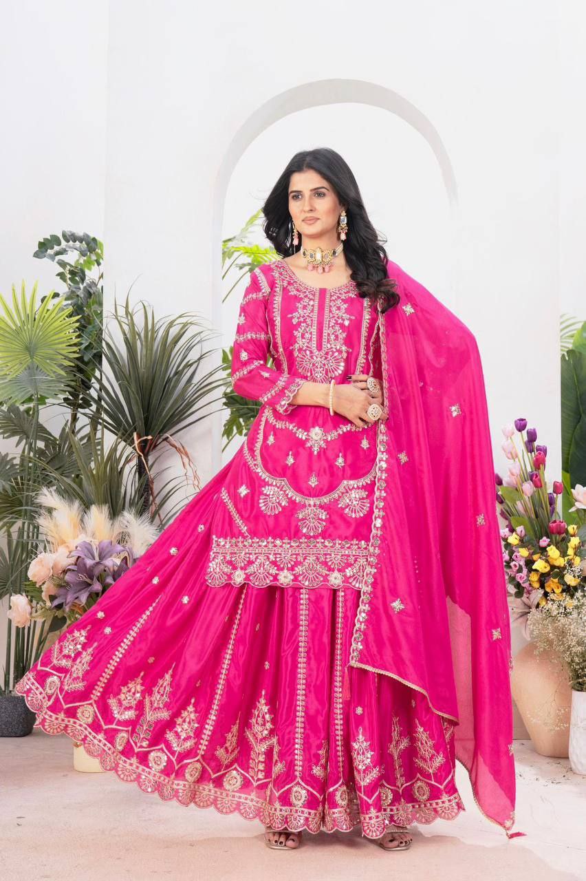 Exclusive Designer Chinnon Silk Embroidered Suit Set