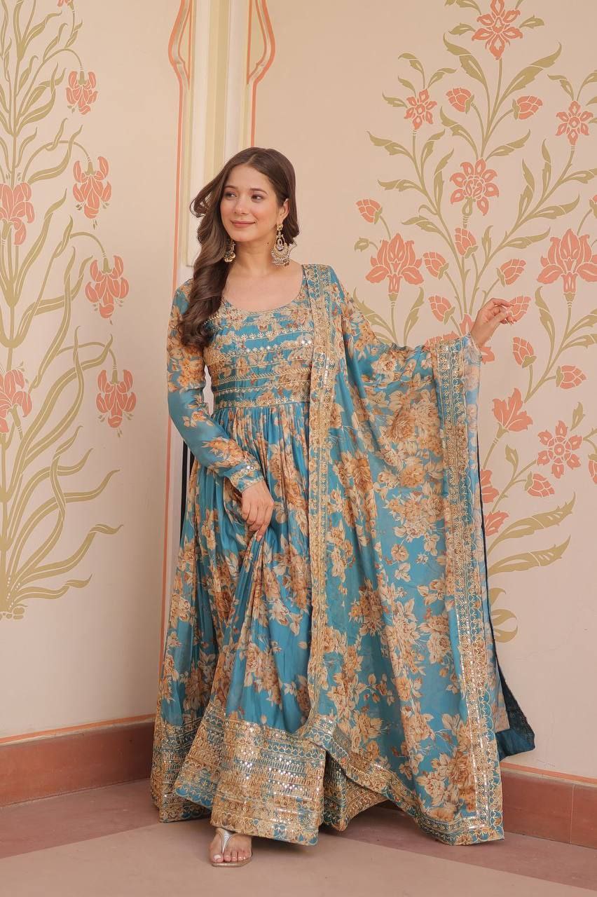 Premium Russian Silk Gown with Dupatta | Digital Print & Sequins