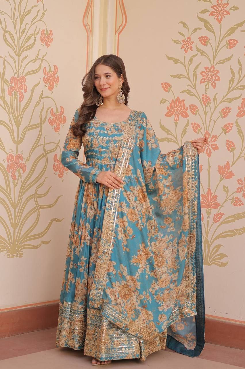 Premium Russian Silk Gown with Dupatta | Digital Print & Sequins