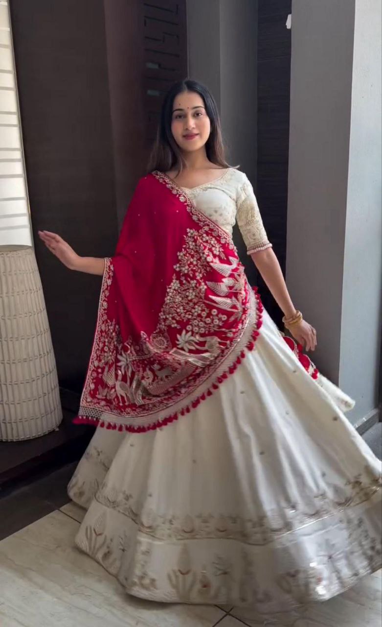 Elegant Vichitra Silk Embroidered Lehenga Choli Set with Dupatta