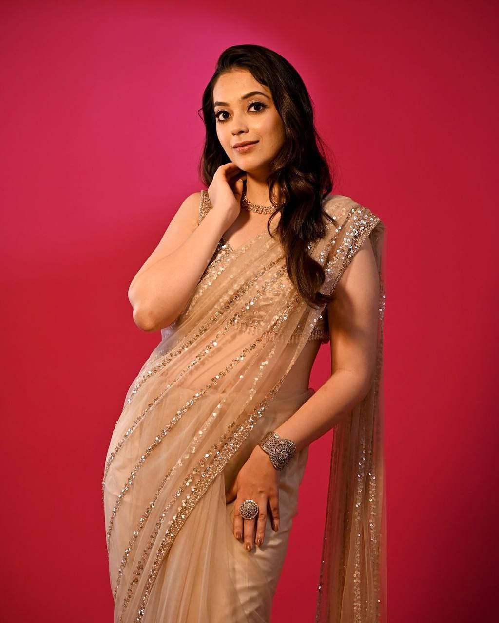 Glorious Gold Sequins Embroidered Net Saree with Fancy Pallu