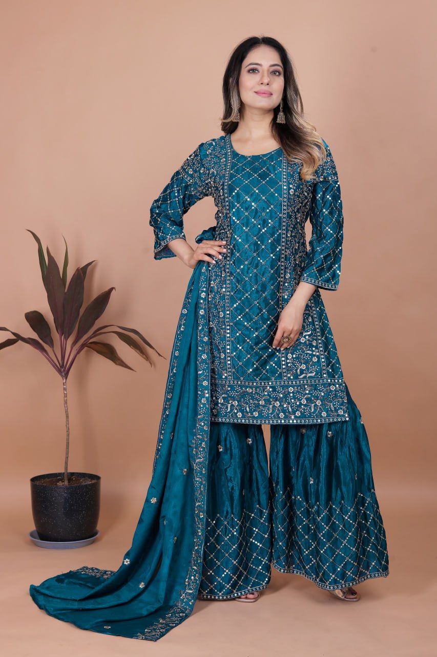 Chinon Embroidered Sharara Suit Set with Heavy Dupatta