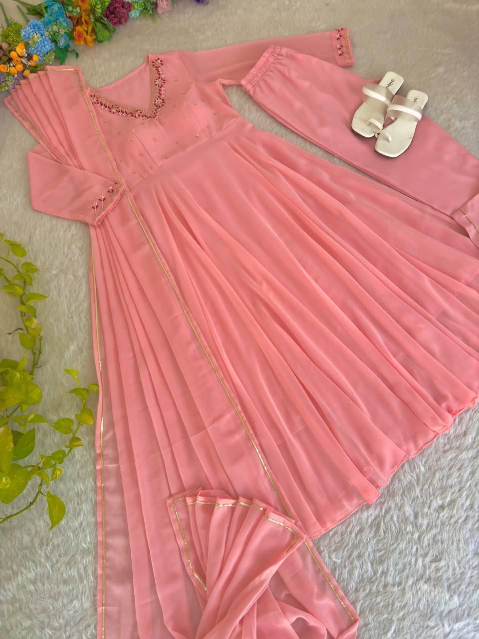 Elegant Handwork Fox Georgette Party Gown Set with Dupatta